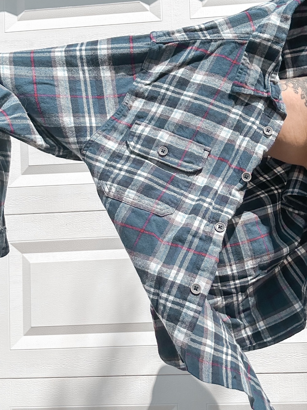 Men's Plaid Button-Up Shirt - Blue/Gray with Red Accent